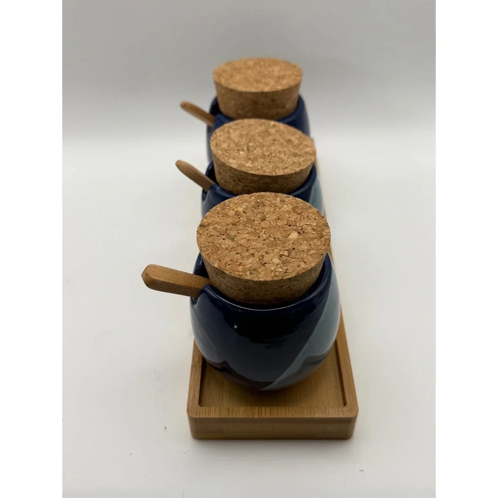 Blue Ceramic Condiment Jar Set with‎ Cork Lids Wooden Spoons and Bamboo Tray NEW